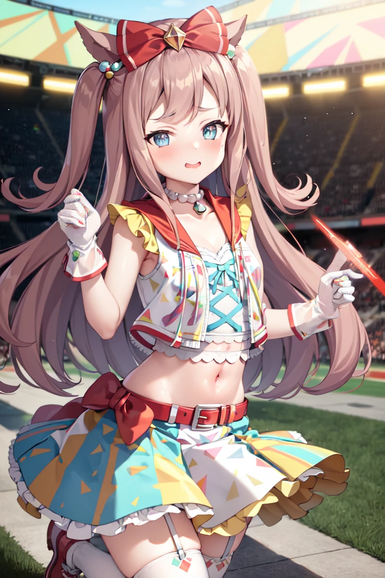 masterpiece, best quality,
agnes digital \(umamusume\),
single thighhighs, sleeveless, single glove, garter straps, white gloves, crop top, frills, sailor collar, multicolored skirt, multicolored clothes, layered skirt, red belt, white shirt,
stadium, glowing stick,
<lora:agnes_digital_lora:0.8>