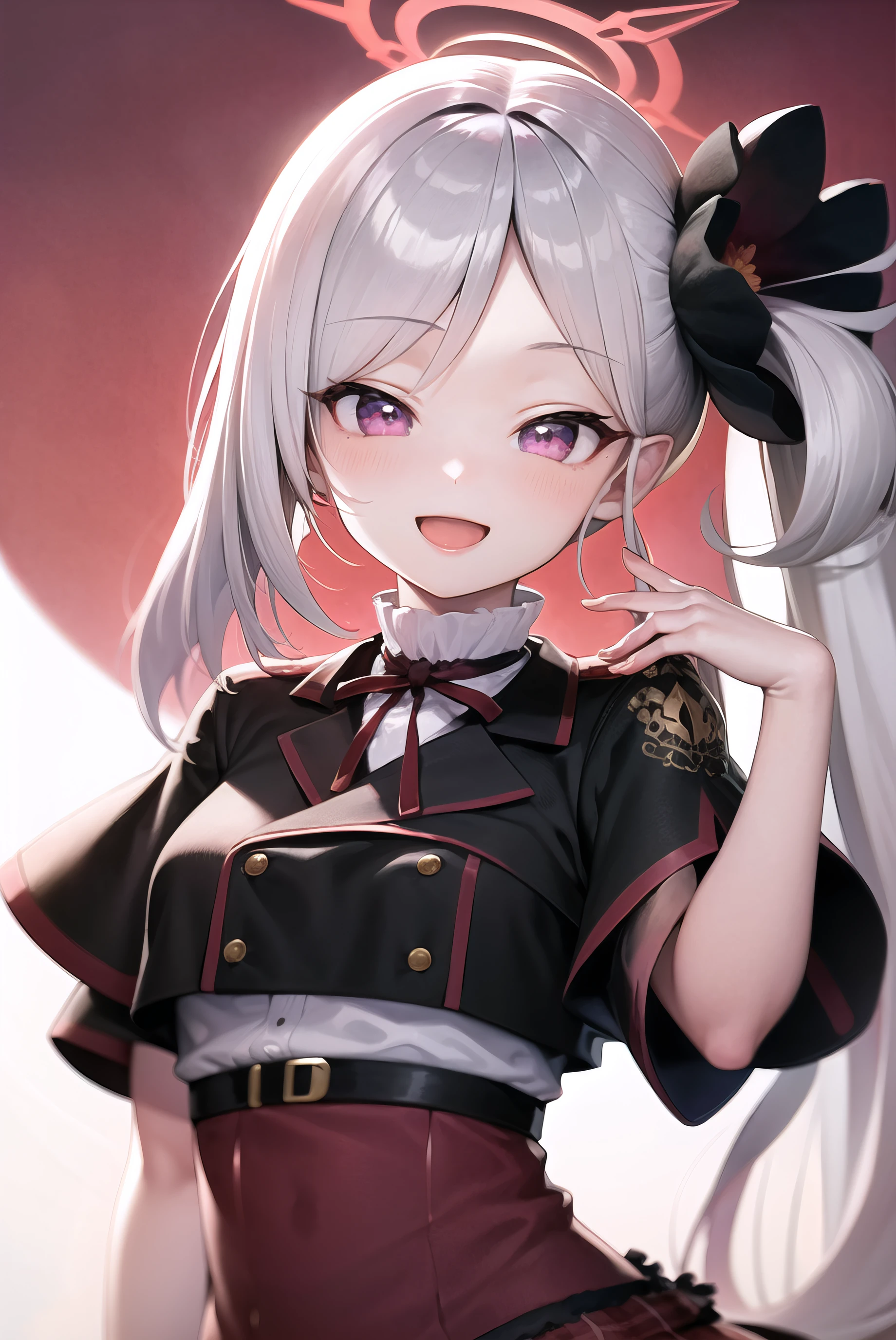 masterpiece, best quality, ultra-detailed, illustration, 1girl, :d, bangs, black flower, black jacket, blush, flower, grey hair, hair flower, hair ornament, halo, high-waist skirt, jacket, long hair, looking at viewer, mutsuki, open mouth, purple eyes, red skirt, short sleeves, side ponytail, skirt, smile, solo, upper body