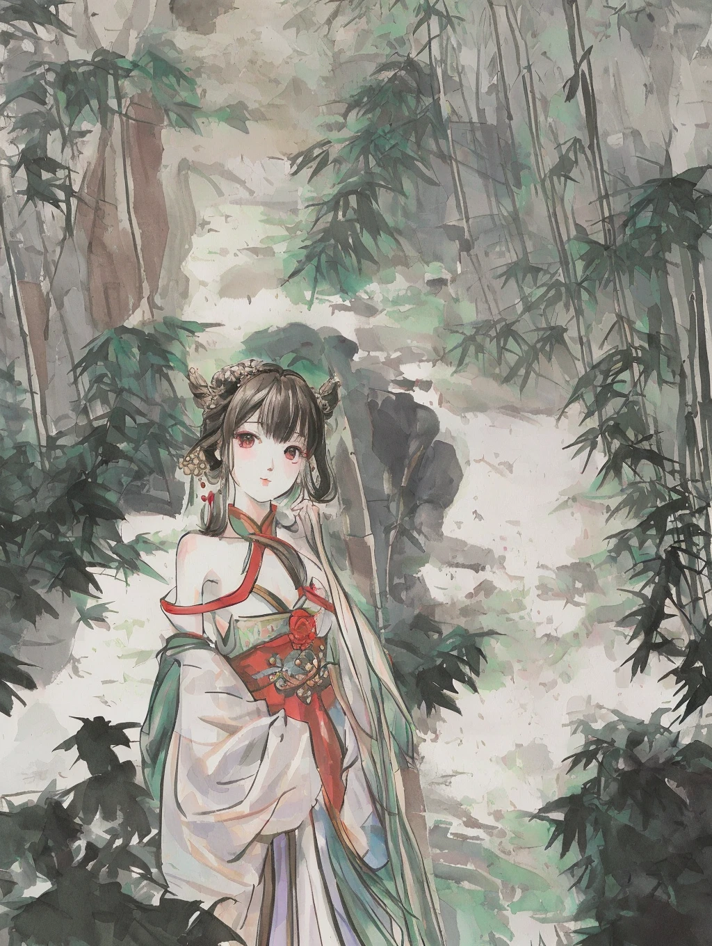 ​masterpiece、top-quality、ink and watercolor painting、Cute Girl Totsune、serene expressions、a wet lower body、Calm river near the waterfall、Spreading greenery