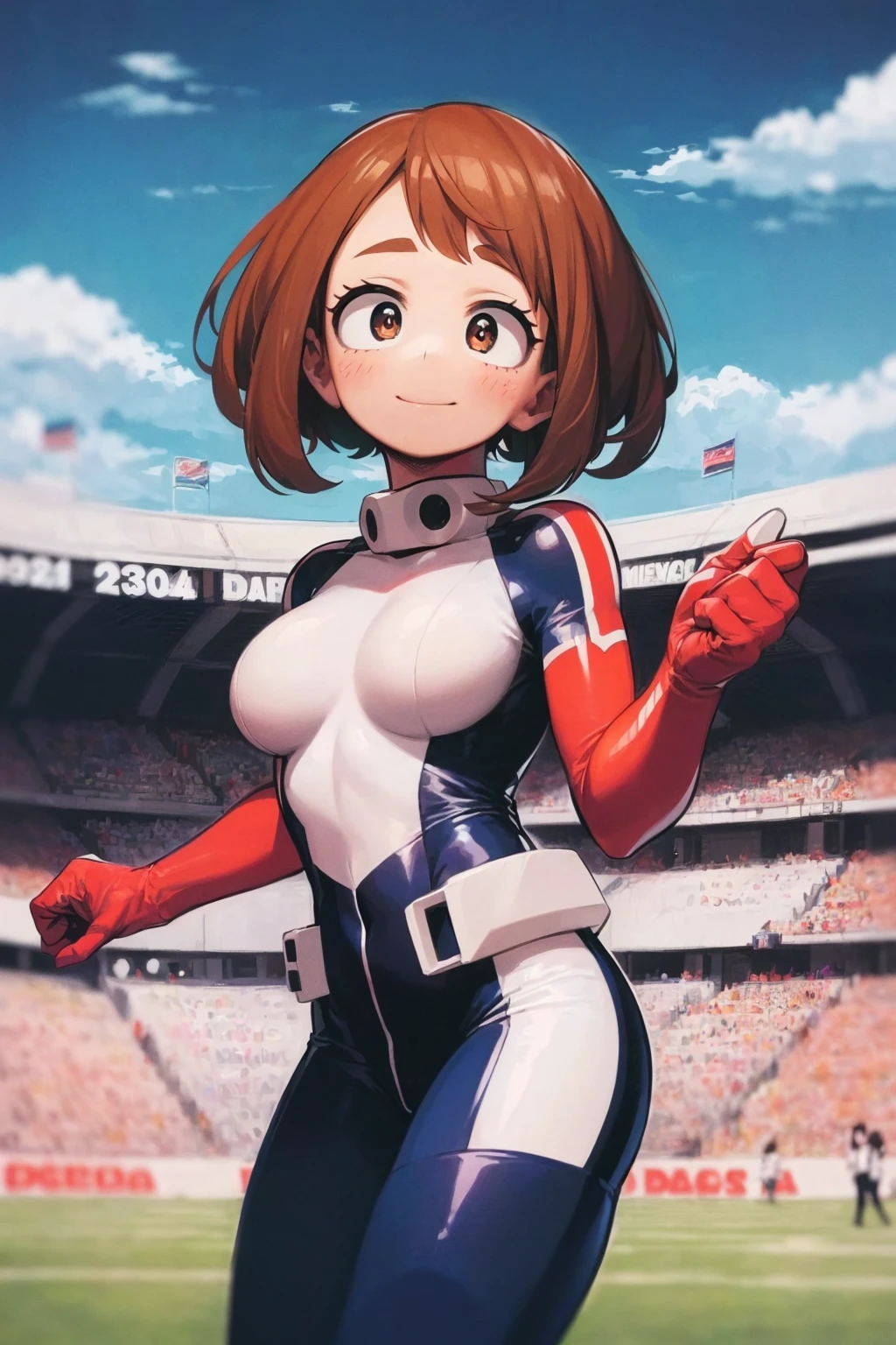 1girl, cowboy shot,
brown hair, brown eyes, short hair, light smile, blush stickers, uraraka ochako,
superhero uniform, black and white bodysuit, boots,
looking at viewer
solo, cowboy shot, medium breasts, looking at viewer,
BREAK
stadium, blue cloudy sky, field
