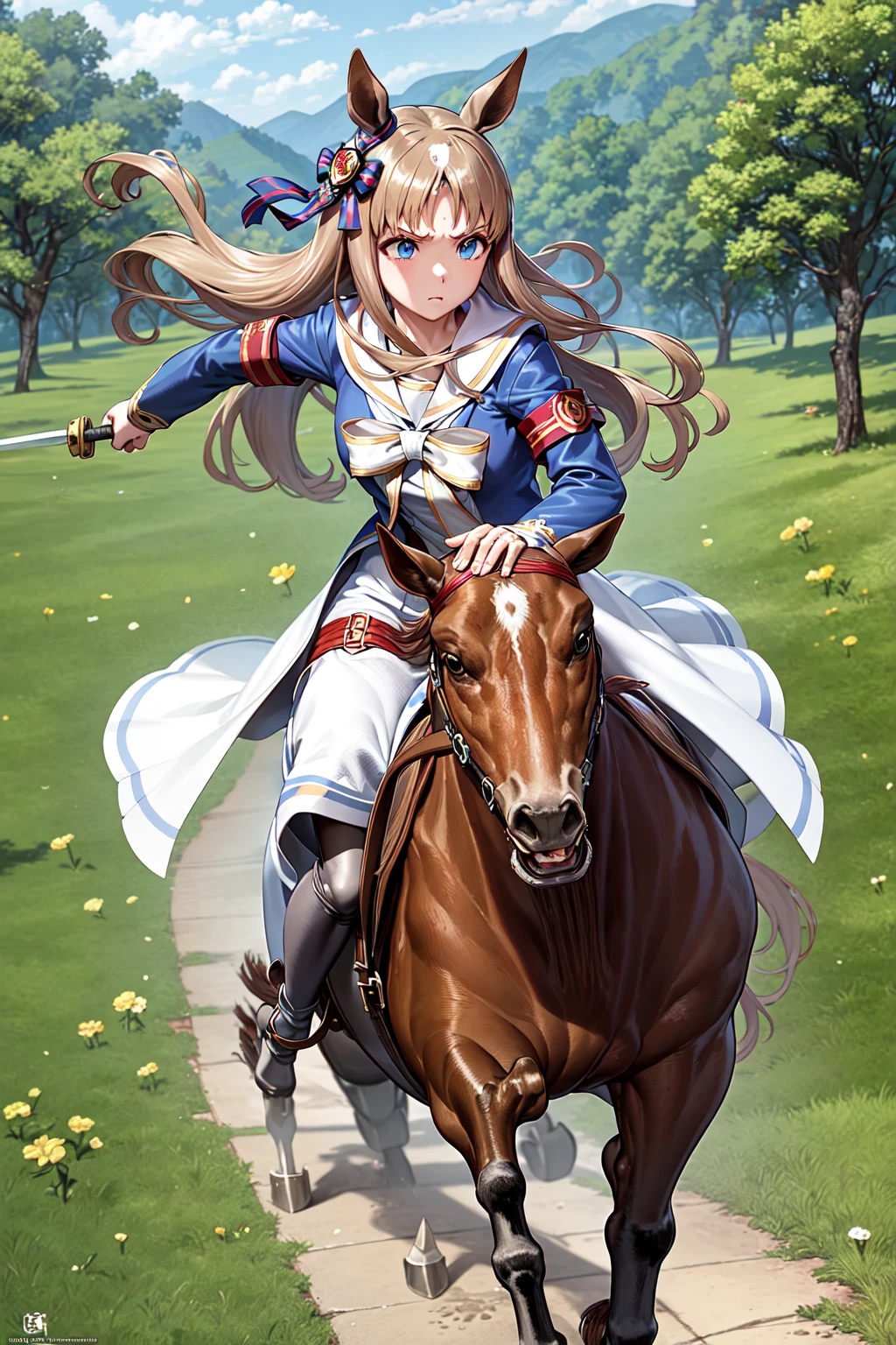 masterpiece, best quality,
grass wonder \(umamusume\),
naginata, holding weapon,
horseback riding, reins, running,
white sailor collar, blue jacket, long sleeves, armband, white dress, white skirt, black pantyhose, boots, brown footwear, mismatched footwear,
<lora:grass_wonder_lora:0.7>