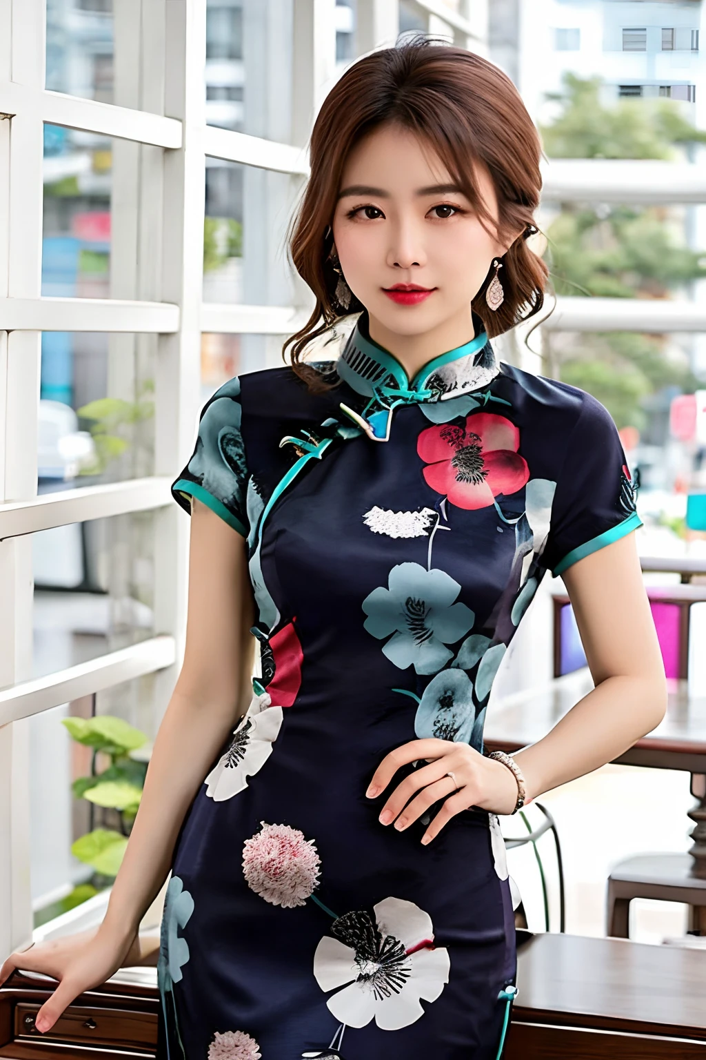 RAW photo, qipao, short sleeve,solo, dress,dark blue qipao,floral_print,color pattern,photorealistic, 1girls, jade bracelet, beautifly woman wearing a qipao dress,3d, brown_hair, chinese_clothes, china_dress,looking at viewer,standing, solo, (monochrome background), (high detailed skin:1.2), 8k uhd, dslr, soft lighting, high quality, film grain, Fujifilm XT3 <lora:Zhoushuyi_v10:0.4> <lora:koreanDollLikeness_v15:0.4>