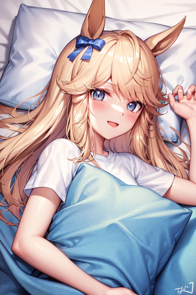 masterpiece, best quality,
gold city \(umamusume\),
pillow, lying, blush, white shirt, short sleeves, on side, upper body, smile, under covers, on bed, open mouth, blanket, t-shirt, bed sheet
<lora:gold_city_lora:0.8>