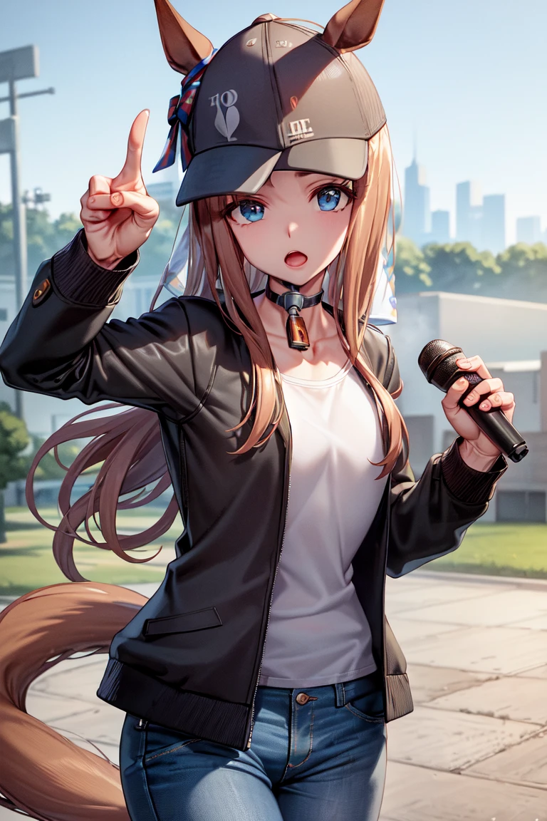 masterpiece, best quality,
grass wonder \(umamusume\),
hat, pants, holding microphone, black headwear, denim, black jacket, white shirt, jeans, long sleeves, open mouth, open clothes, baseball cap, open jacket, pointing at viewer, collarbone, ears through headwear, cowboy shot <lora:grass_wonder_lora:0.7>
