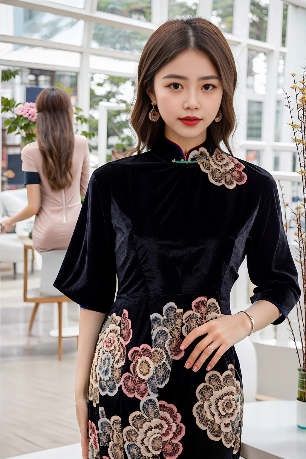 RAW photo, qipao, half slim sleeve,solo, dress,dark blue qipao,floral_print,color pattern,photorealistic, 2girls, beautifly woman wearing a qipao dress,3d, brown_hair, chinese_clothes, china_dress,looking at viewer,standing, solo, simple background, (high detailed skin:1.2), 8k uhd, dslr, soft lighting, high quality, film grain, Fujifilm XT3 <lora:Zhoushuyi_v10:0.4> <lora:koreanDollLikeness_v15:0.4>