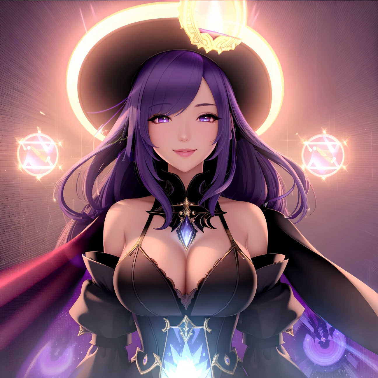 Masterpiece, 4K, highly detailed, magic, fantasy universe, final fantasy xiv black mage, beautiful woman wearing mage_glam,  (mage robes and mage hat:1.2), casting a spell, shiny mage robe,half body clear picture, smiling at the viewer, purple haired black mage, extreme amount of detail, (make every pixel count in drawing the most beautifully detailed art you can:1.1), analog style, glowing colors, symmetric, centered, closeup, feminine, athletic, fit, narrow waist, high, tan skin, [(colorful explosion psychedelic paint colors:1.1)::0.125],  realistic body proportions, realistic, photo-realistic, 8k, highly detailed, led light, laser lights,fruit-flavored, (thepit bimbo:0.5), glossy,anatomically correct, symmetrical anatomy,   <lora:Mage_Glam:0.65>