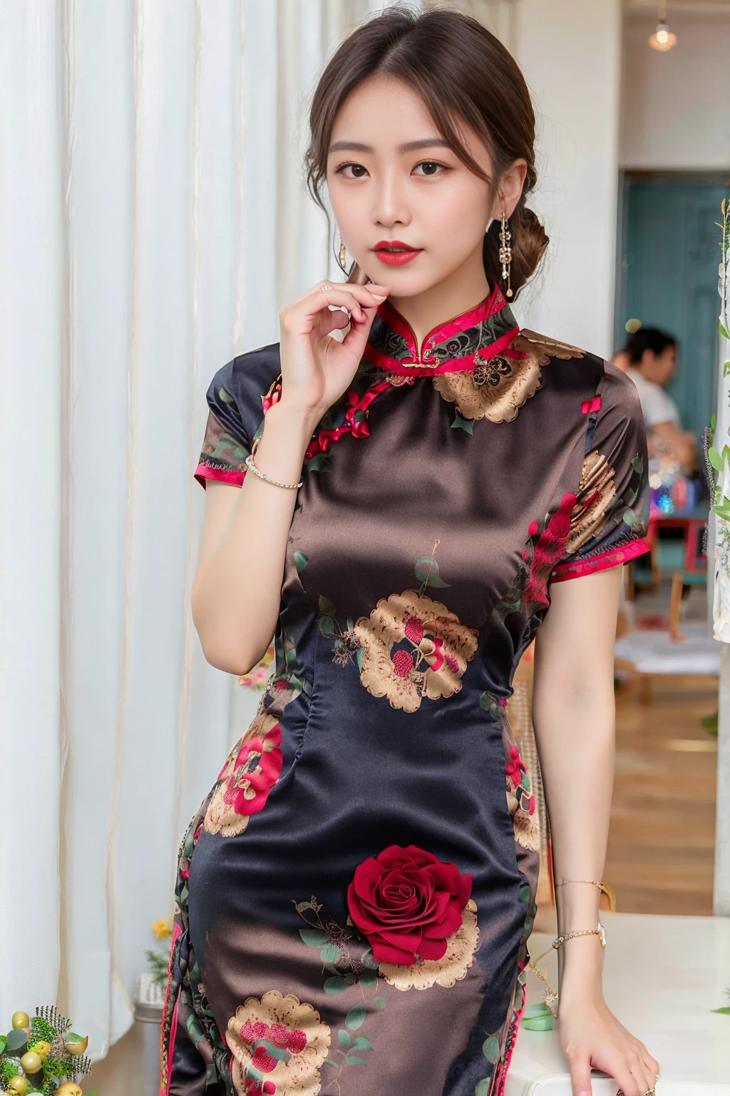 RAW photo, qipao, short sleeve,solo, dress,dark blue qipao,floral_print,color pattern,photorealistic, 1girls, jade bracelet, beautifly woman wearing a qipao dress,3d, brown_hair, chinese_clothes, china_dress,looking at viewer,standing, solo, simple background, (high detailed skin:1.2), 8k uhd, dslr, soft lighting, high quality, film grain, Fujifilm XT3 <lora:Zhoushuyi_v10:0.4> <lora:koreanDollLikeness_v15:0.4>