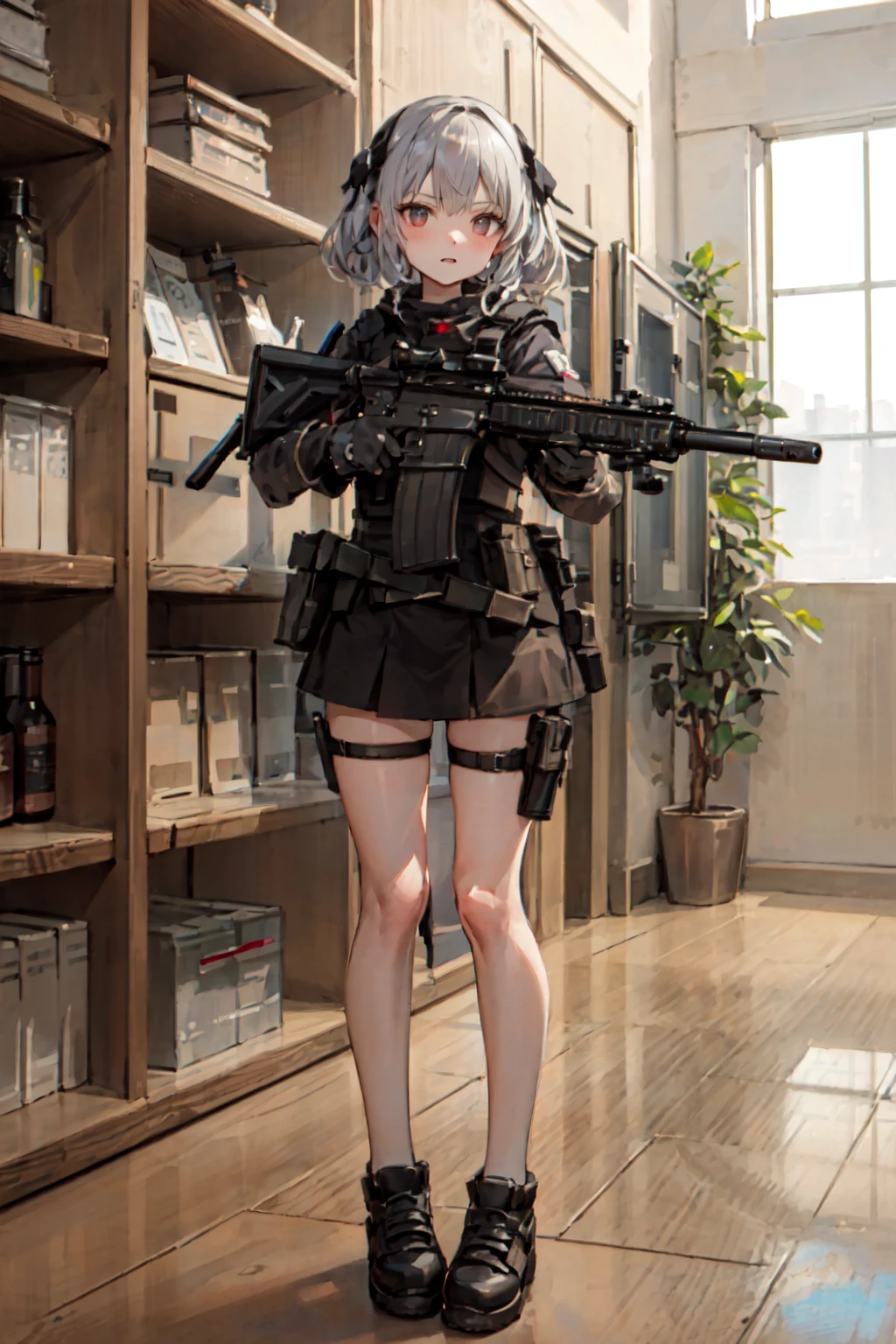 masterpiece, best quality, ultra-detailed, illustration,

1girl, (holding weapon, aiming at viewer, assault rifle,left view:1.5), carbine, open fire, firing,

<lora:HK416-v2:0.6>
