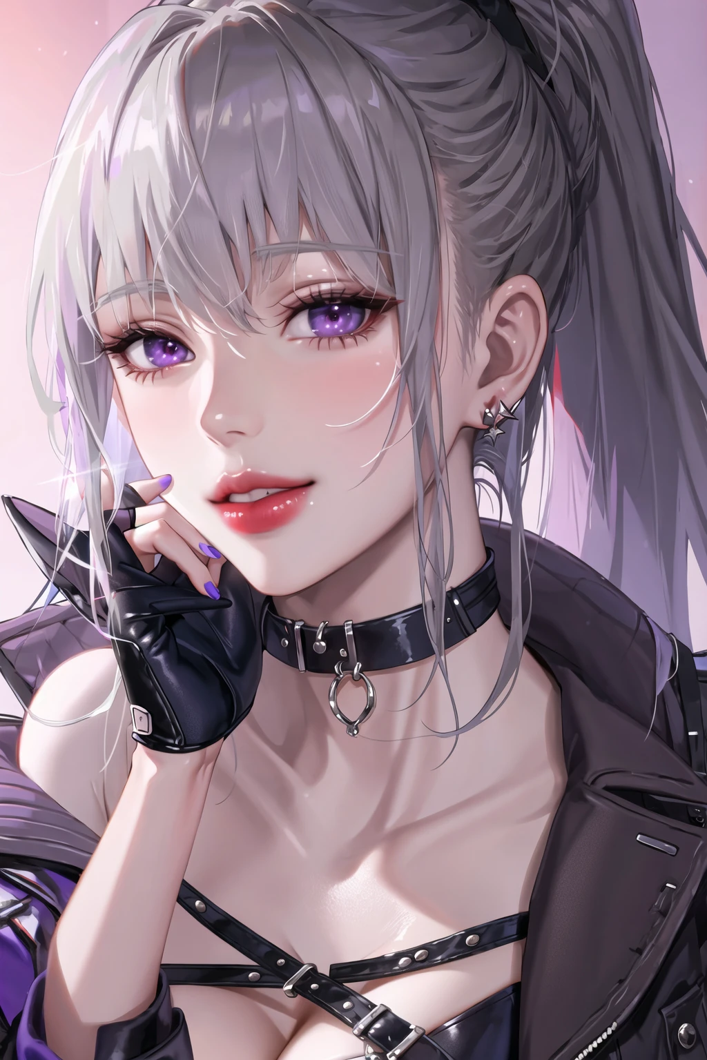 1girl, fashi-girl, bangs, black gloves, black choker, collarbone, earrings, finger to mouth, fingerless gloves, grey hair, index finger raised, jacket, jewelry, red lips, lipstick, long hair, looking at viewer, makeup, nail polish, parted lips, ponytail, portrait, smile, purple eyes, purple nails, shushing, solo,[[realistic]],(shiny skin),(masterpiece:1.4),(best quality:1.4),gigantic breasts,red lips