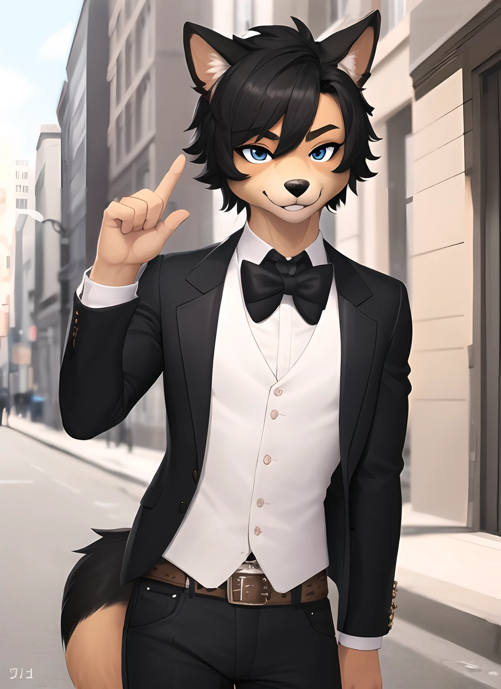 (furry art, uploaded on e621:1.4), 1boy, (solo_focus), (male:1.3) (furry:1.5) anthro, (upper body:1.3), on street, solo focus, detailed face, detailed eyes, (stylish haircut:1.4), detailed fluffy fur, fluffy tail, short hair, digitigrade, seductive pose, suit, fancy pants, digital painting, natural lighting, photorealistic (business suit:1.1), (smug face), smiling (cocky), steampunk