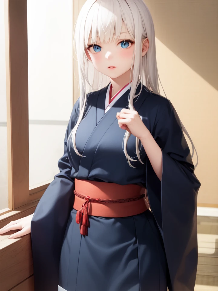 short yukata obi, white hair, long hair, indoors, cowboy shot,