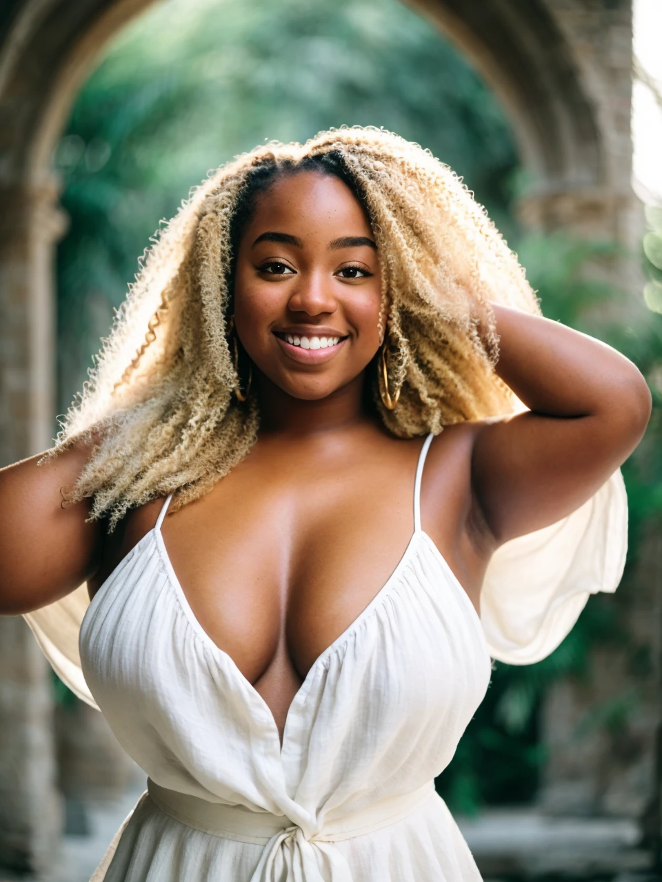 full frame, Close portrait, cute, (22yo monique gabrielle ), thicc, large hanging breasts, arms raised pose, white linen dress, long blonde hair, cathedral ruins, (skin texture), skin pores, shallow depth of field, sharp eye focus, backlit