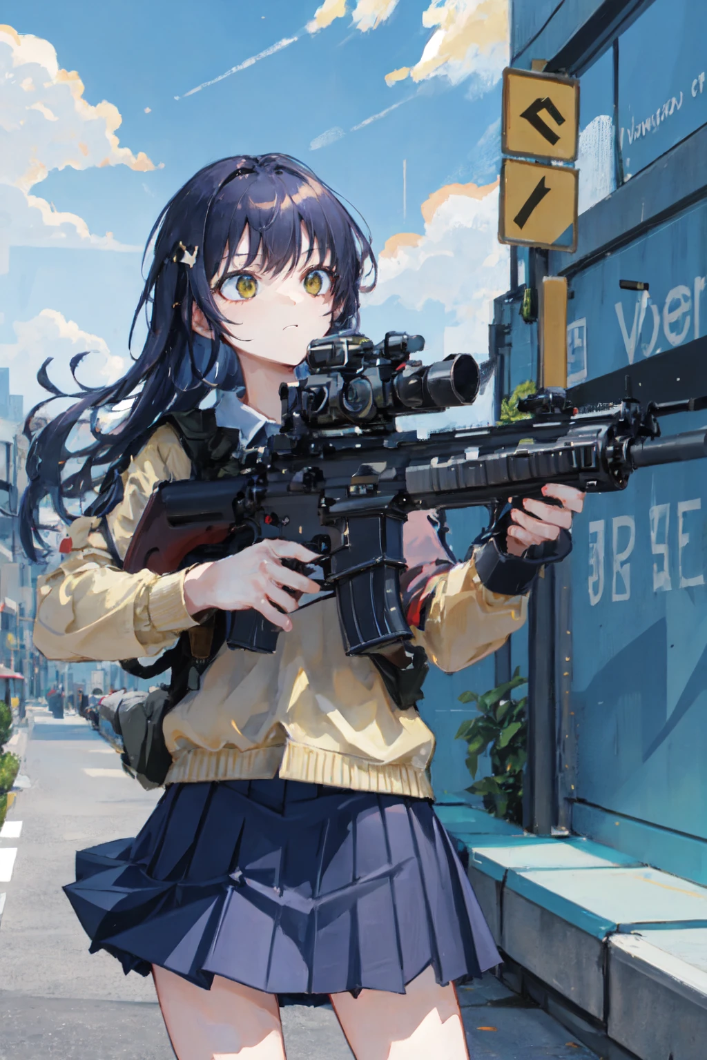 masterpiece,best quality, lens flare, depth of field, (close-up:1.3), (wide shot, fisheye:0.85), facefocus,

1girl ,standing, blue long hair, school uniform,pleated skirt, (holding weapon, holding rifle,aiming,aim:1.2),

gun, h&k hk416, carbine, open fire, firing,

sunny,blue sky,cloudy sky,city,street,road sign, skyscraper,

 <lora:HK416-v2:0.7>