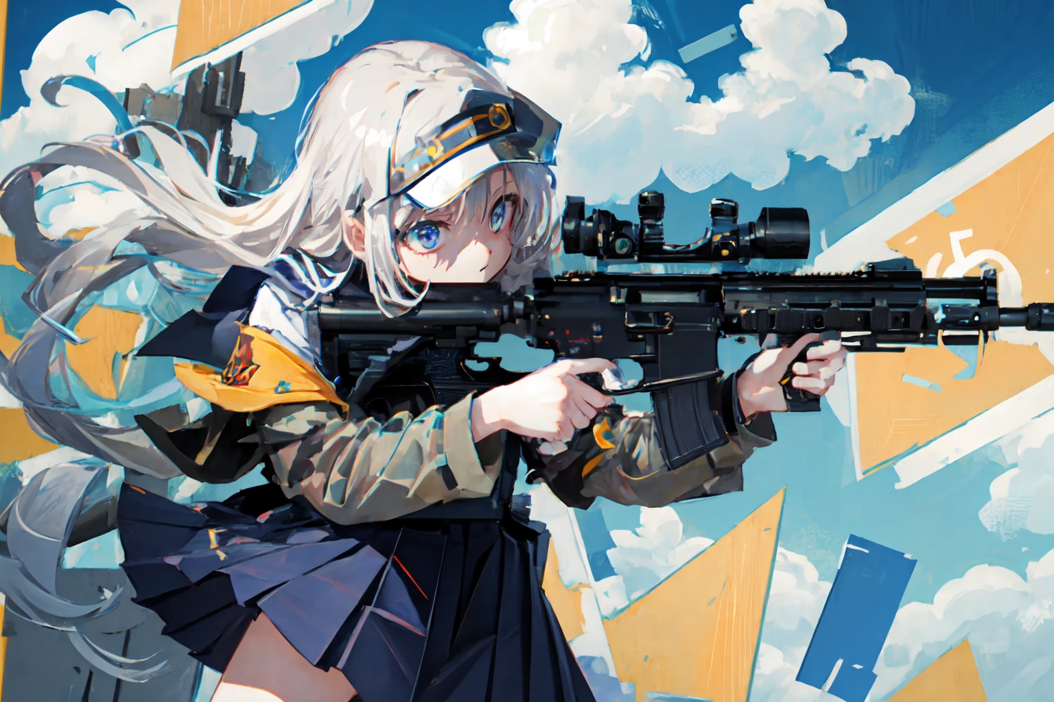 masterpiece,best quality, lens flare, depth of field, (close-up:1.3), (wide shot, fisheye:0.85), facefocus,
1girl ,standing, blue long hair, school uniform,pleated skirt, (holding weapon, holding rifle,aiming,aim:1.2),
gun, h&k hk416, carbine, open fire, firing,
sunny,blue sky,cloudy sky,city,street,road sign, skyscraper,
<lora:HK416-v2-000014:0.7>