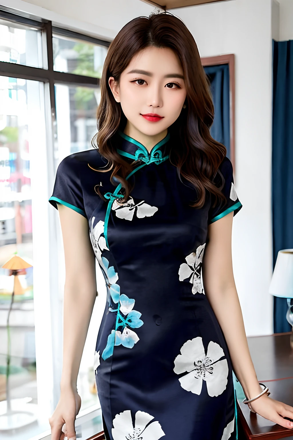 RAW photo, qipao, short sleeve,solo, dress,dark blue qipao,floral_print,color pattern,photorealistic, 1girls, jade bracelet, beautifly woman wearing a qipao dress,3d, brown_hair, chinese_clothes, china_dress,looking at viewer,standing, solo, (monochrome background), (high detailed skin:1.2), 8k uhd, dslr, soft lighting, high quality, film grain, Fujifilm XT3 <lora:Zhoushuyi_v10:0.4> <lora:koreanDollLikeness_v15:0.4>