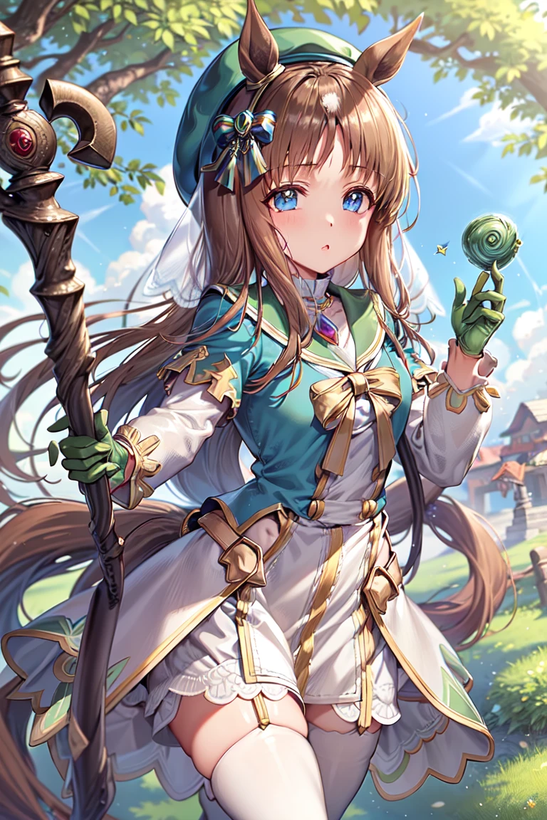 masterpiece, best quality,
grass wonder \(umamusume\), horse ears,
fantasy,
hat, beret, green headwear, white gloves, white dress, long sleeves, official alternate costume, holding staff, white thighhighs, gem
<lora:grass_wonder_lora:0.7>