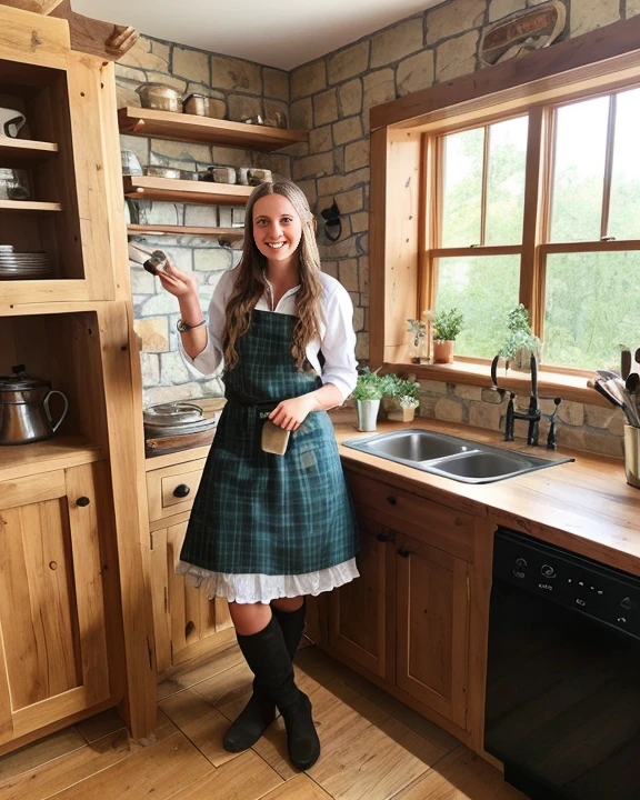 photo,  mixing a (small pot of  gravy), in the well-equipped rustic fantasy kitchen, A beautiful young (aussie welsh:1.0) wife wearing traditional costume