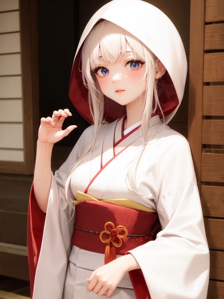 uchikake, hood, white hair, long hair, indoors, cowboy shot, obi, sash,