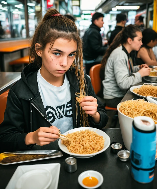 gritty raw street photography, ultra high detail sharp focus photo, plain clean earthy young female hacker, matrixpunk cybercostume, eating noodles in a busy crowded street diner, working hard,
