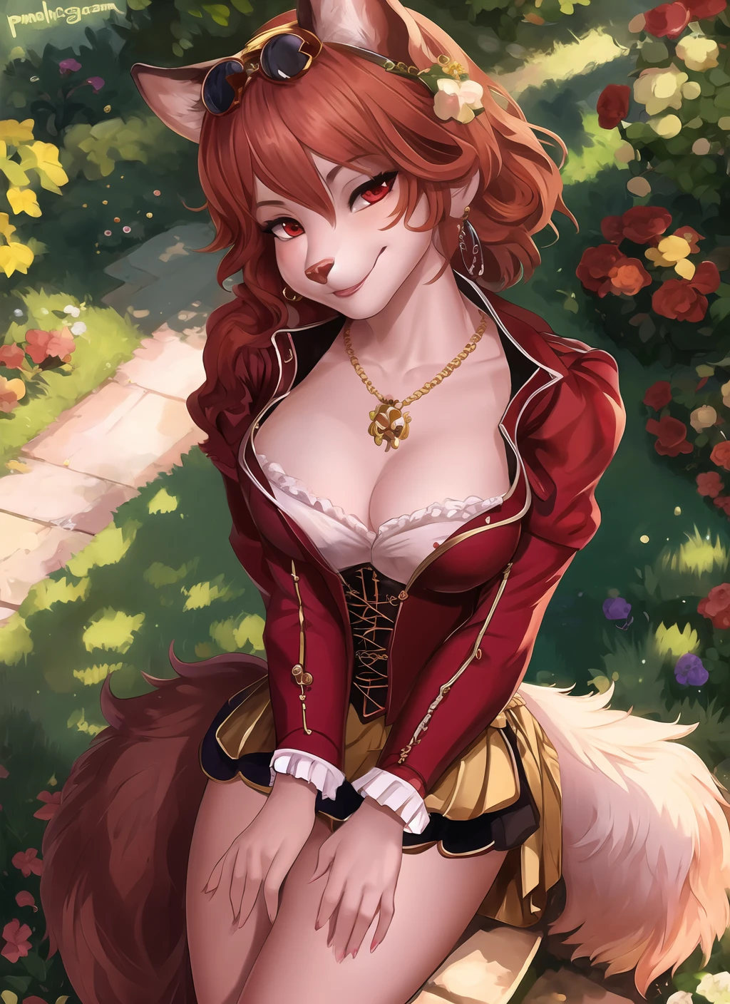 uploaded on e621, by personalami, Michael & Inessa Garmash, Ruan Jia, Pino Daeni, garden, solo (bright red) ((female)) anthro, (high angle shot), detailed face, detailed eyes, detailed fluffy fur, fluffy tail, short hair, digitigrade, seductive pose, suit, fancy pants, digital painting, natural lighting, cleavage, photorealistic (pinup) (Victorian clothing) medals (smug face) smiling (cocky), eyewear, steampunk, golden jewelry, (furry hands)