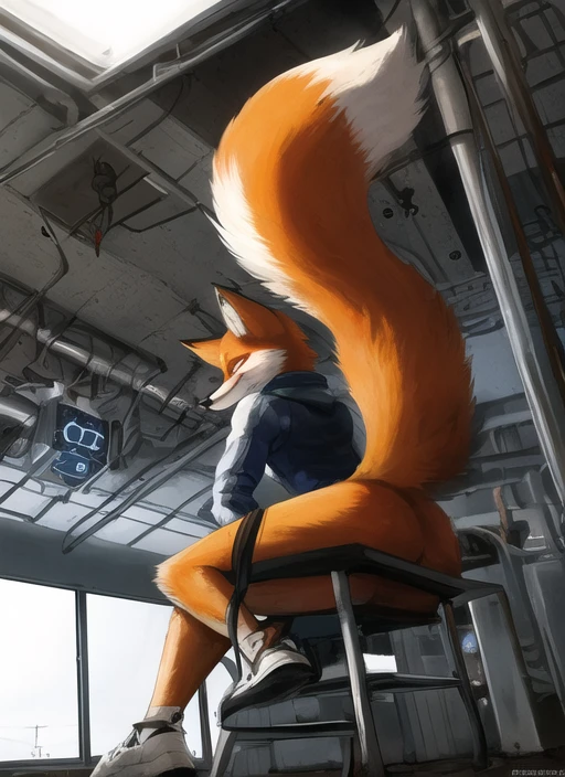 uploaded on e621, explict content, 4k, a (technicolor:1.05) photograph (by totesfleisch8 and (personalami), ando fuchs) of a cybernetic female ((fox)) anthro sitting in a chair looking out a window, rear view, chest fluff, cheek tuft, seductive smirk, soviet-era [oil refinery] [control room] with ((rusty metal beams)) and concrete walls and windows and switchboards, fluorescent light from ceiling, dust particles