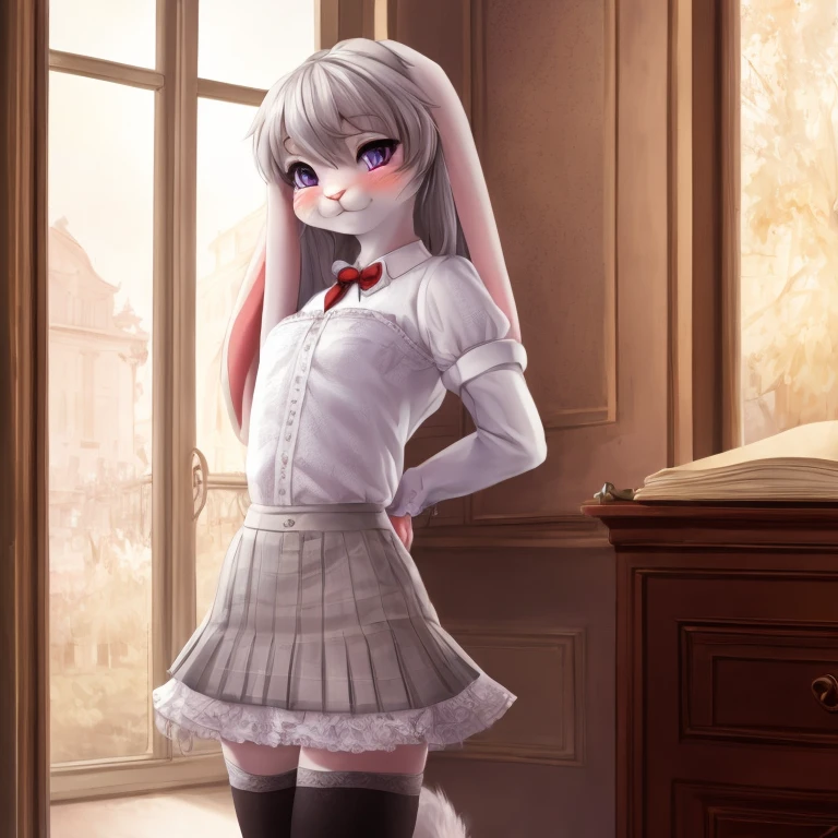 nsfw, Ultra realistic, masterpiece, highest quality, ultra detail,adorable, (detailed and intricate), white fur, attached rabbit tail, (hair),(perky small breasts), (grey furry body:1.3),detailed face, detailed light purple eyes, detailed eyes, (detailed eyes:1.1), (grey petite anthro bunny:1.2), wide hips, (furry:1.3), aroused, happy, embarrassed, (blush),(detailed schoolgirl outfit), white thigh highs, smooth,intricate detail, gorgeous female photo, professionally retouched, realistic professionally color graded photograph, natural lighting, realistic, light particles,fine fabric emphasis, bokeh, suggestive pose,by Pino Daeni, by Ruan Jia, by Shiitakemeshi, by Alayna Lemmer, by Carlo Galli Bibiena, detailed classroom background