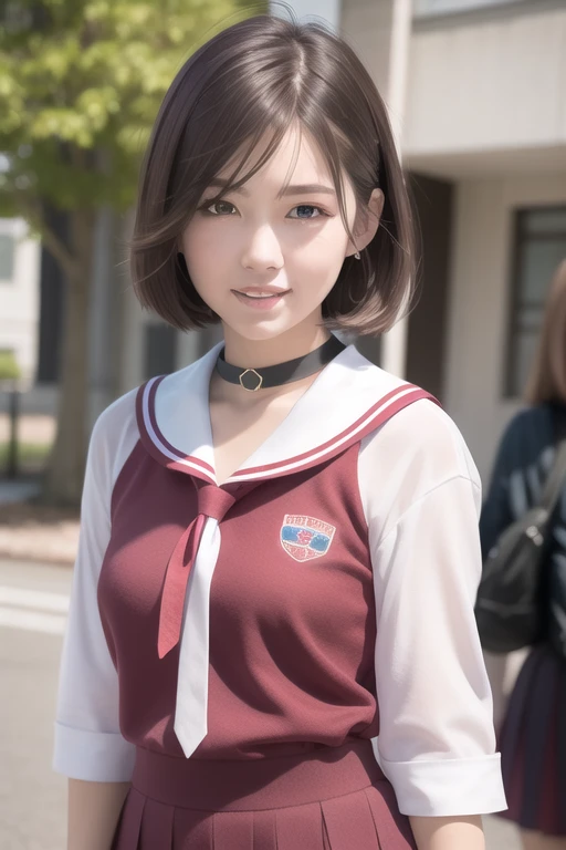 (RAW photo:1.2), (photorealistic:1.4),(masterpiece:1.3),(best quality:1.4),ultra high res,(detailed eyes),(detailed facial features),(detailed clothes features),HDR,8k resolution, solo focus, bangs, skin tight, (shiny skin),(slender girl),dreamlike,
(extreme detailed illustration),check commentary,commentary request,scenery,no text,
<lora:VirtualGirl-Rin_v2:0.2>,VirtualGirl-Rin, small breasts, bob hair, short hair, brown hair, brown eyes,black choker,
student,JK, schoolgirl,
1girl, upper body,
white japanese school uniform,
sailor suit,
dark red pleated skirt, stockings,
sneakers,
happy,smile,