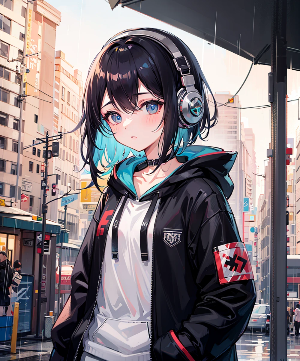 masterpiece,1girl,solo,incredibly absurdres,hoodie,headphones, street,outdoors,rain,neon lights,