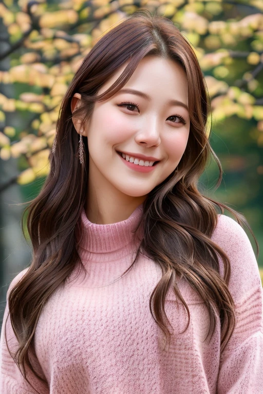 a fromisjiheon smiling, brown hair, (ultra realistic:1.2), (standing on park:1.2), (autumn:1.2), (close-up photo:1.6), (pink sweater:1) <lora:fromisjiheon23-dreambooth-v1:1>