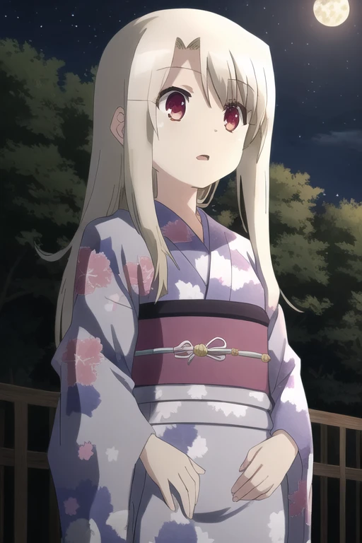 outdoors,night,stars,kimono ,belt,1girl, solo, long_hair, blonde_hair, red_eyes, white_hair, grey_hair