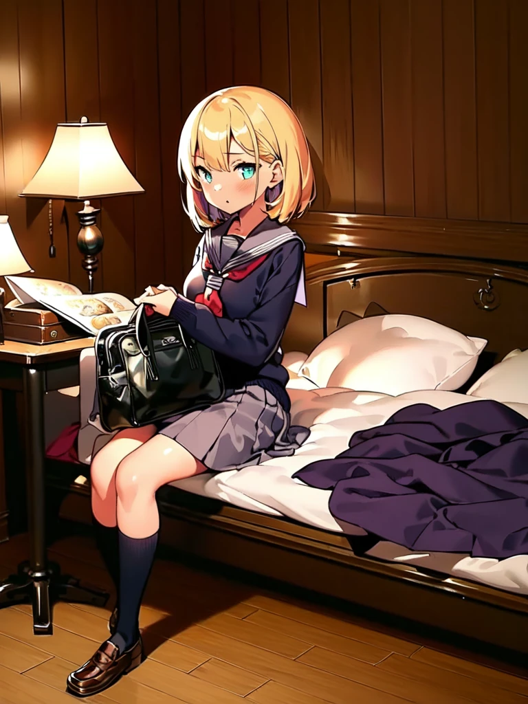 masterpiece, best quality, ultra-detailed, illustration,
(1girl:1.4), solo, school uniform, school bag,
lovehotel, lamp, bed, indoors, wooden floor, table, carpet, door, pillow, couch, nightpanel,
<lora:lovehotelV42:0.6>