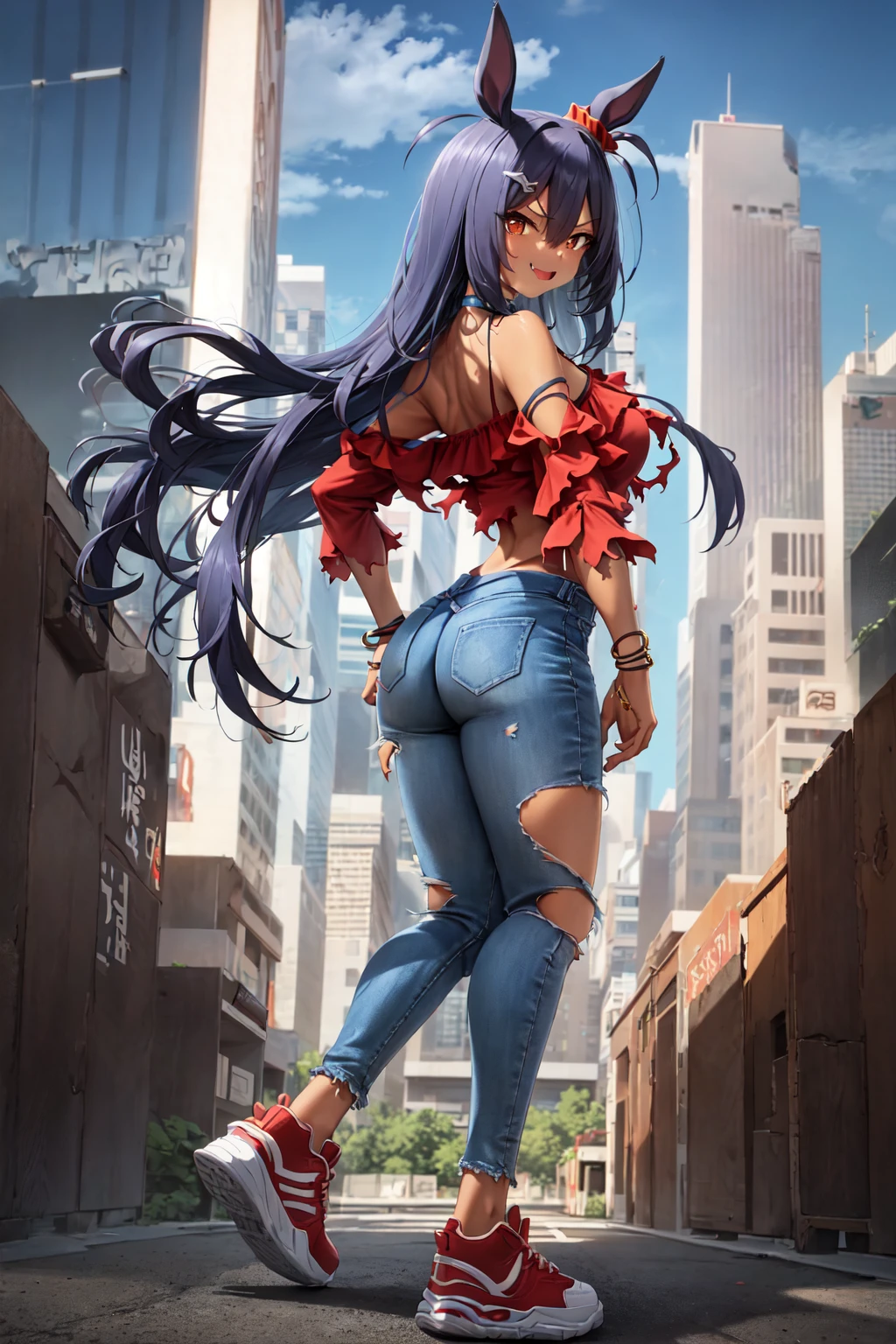 masterpiece, best quality, 
hishi amazon \(umamusume\), 
from behind, buildings, neon, 
red shirt, fang, torn clothes, choker, bracelet, jewelry, long sleeves, bare shoulders, midriff, torn jeans, torn pants, denim, red footwear, shoes, sneakers, 
 <lora:hishi_amazon_lora:0.8>