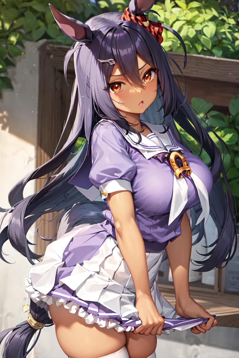 masterpiece, best quality, 
hishi amazon \(umamusume\), 
white thighhighs, tracen school uniform, purple shirt, pleated skirt, puffy short sleeves, white skirt, puffy sleeves, summer uniform, frilled skirt, sailor collar, sailor shirt, miniskirt, frills
 <lora:hishi_amazon_lora:0.8>