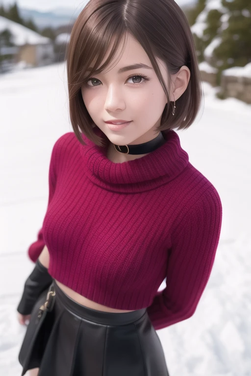 (RAW photo:1.2), (photorealistic:1.4),(masterpiece:1.3),(best quality:1.4),ultra high res,(detailed eyes),(detailed facial features),(detailed clothes features),HDR,8k resolution, solo focus, bangs, skin tight, (shiny skin),(slender girl),dreamlike,
(extreme detailed illustration),check commentary,commentary request,scenery,no text,
<lora:VirtualGirl-Rin:0.2>,VirtualGirl-Rin, small breasts, bob hair, short hair, brown hair, brown eyes,black choker,
1girl, upper body,
Long red scarf,
Pink long-sleeved sweater,
Red cotton skirt,
White snow boots,
happy,smile,