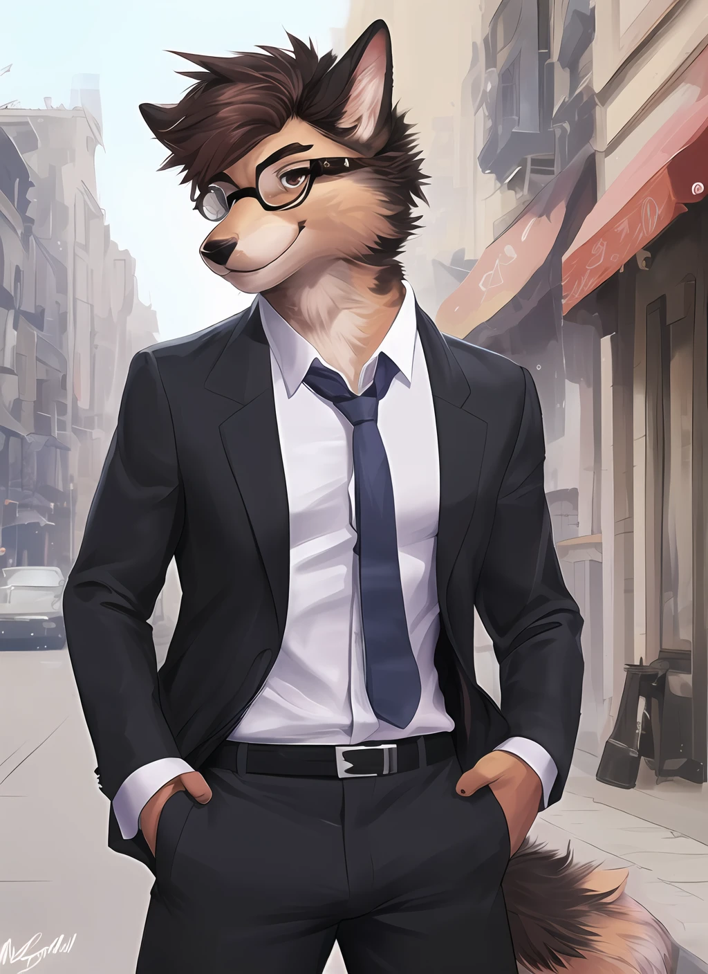 uploaded on e621, by personalami, Michael & Inessa Garmash, Ruan Jia, Pino Daeni, (solo_focus), (male) (furry) anthro, ((upper body)), on street, solo focus, detailed face, detailed eyes, detailed fluffy fur, fluffy tail, short hair, digitigrade, seductive pose, suit, fancy pants, digital painting, natural lighting, photorealistic (business suit) (smug face) smiling (cocky), eyewear, steampunk, ((furry hands))