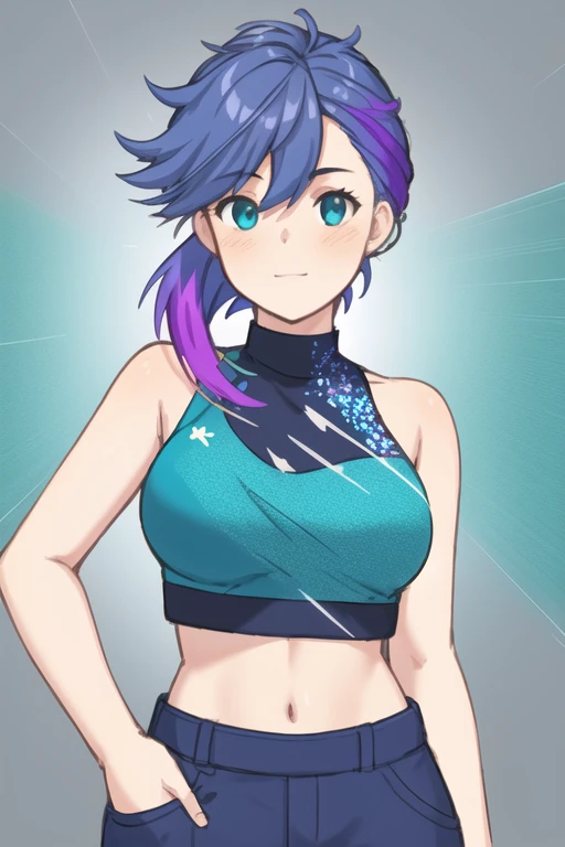 samdoesarts style award winning half body portrait of a beautiful woman in a croptop and cargo pants with ombre navy blue teal hairstyle with head in motion and hair flying, paint splashes, splatter, outrun, vaporware, shaded flat illustration, digital art, trending on artstation, highly detailed, fine detail, intricate