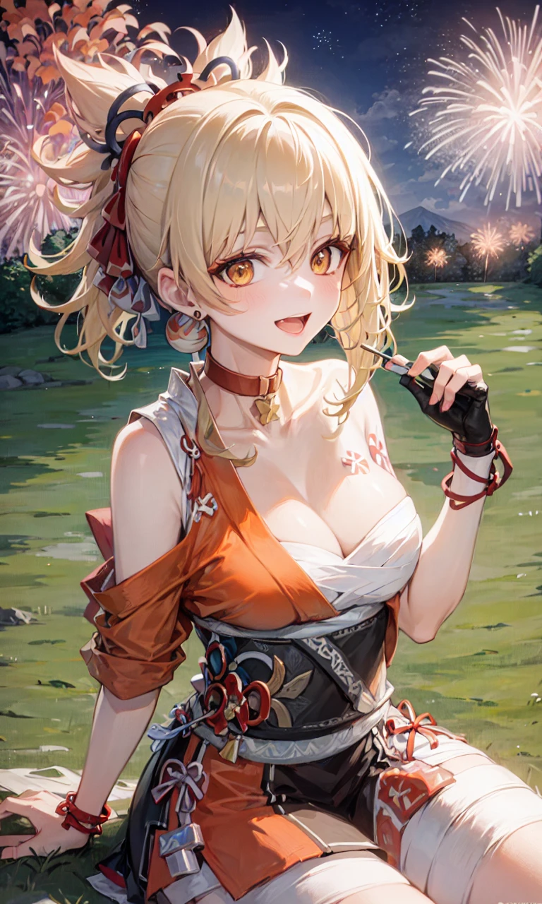 1girl,cowboy shot,sitting,grassland, fireworks,evening,joy,origen,