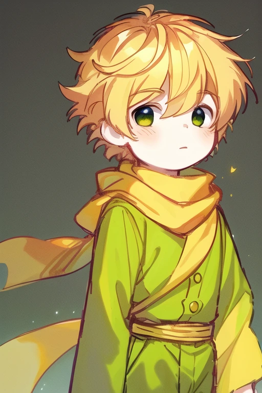 {{masterpiece}},best quality,illustration,1 male ,prince,rose,floating short hair,yellow hair,long yellow scarf,green clothes,rose,closeup,chibi