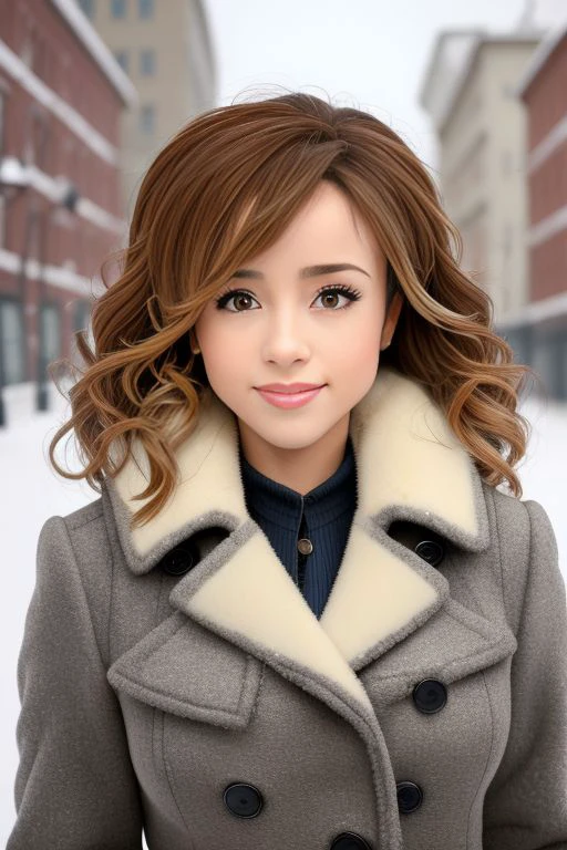 Picture, best quality, Soviet winter city with snow, portrait photo of beautiful Koh_Pokimane-2750 wearing winter coat, looking at viewer, perfect face, perfect eyes, smiling, sharp focus, ray tracing, 4k, Saul Steinberg