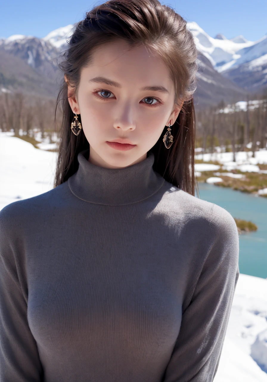 (best quality, masterpiece:1.4), (photorealistic:1.2), ultra high res, 8k, hdr, ambient lighting, sidelighting, cinematic lighting, intricate detail, Exquisite details and textures, 1girl, (young), upper body, detailed face, ponytail, braid hair, pale skin, big eyes, embarrassed face, looking at viewer, skintight sweater, (high neck, light color), small breasts, earrings, slim body, thin, tear mole, professional lighting, photon mapping, radiosity, physically-based rendering, depth of field, sky, cloud, direct sunlight, snow mountain, valley, grassland, river, countryside, <lora:vivian:0.6>, <lora:fashionGirl_v36Fix:0.4>,
