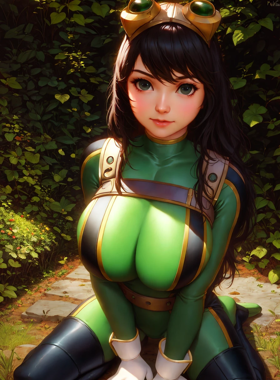 realistic photo of alkemanubis, 10s, 1girl, asui tsuyu, depth of field, kneeling, black eyes, black hair, bodysuit, boku no hero academia, breasts, frog girl, gloves, goggles, green bodysuit, (large breasts:1.4), long hair, solo, by Jeremy Lipking, by William Bouguereau, (by Alphonse Mucha:0.5), sabudenego, jeremy lipking, masterpiece