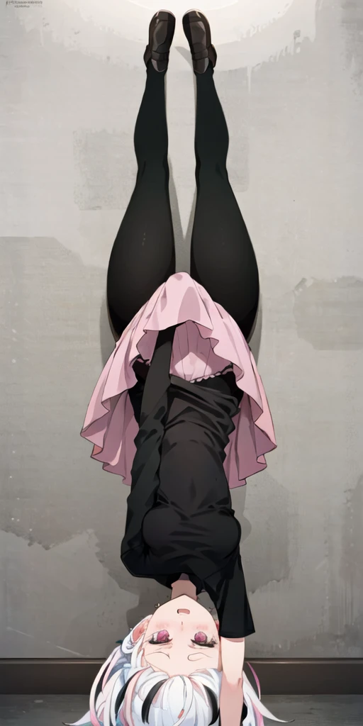 masterpiece, best quality, ultra-detailed, illustration, 1girl, lycoris challenge \(meme\), one arm handstand, upside-down, <lora:ChisatoHandstand:0.6>, black tshirt, pink skirt, white hair, black pantyhose, medium breasts