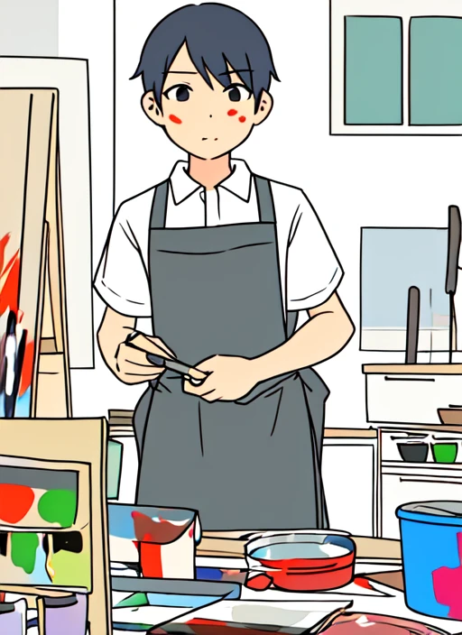 <lora:cartoony:1>
flat color,
1boy, painter, canvas, covered in paint, apron, messy workshop