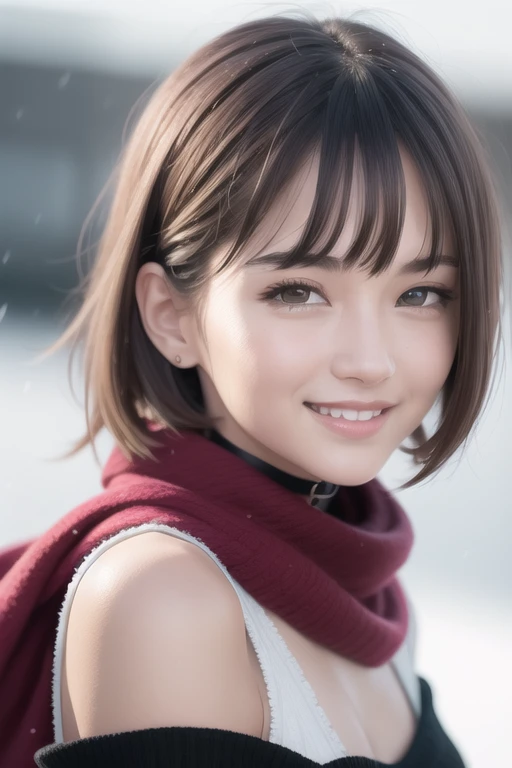 (RAW photo:1.2), (photorealistic:1.4),(masterpiece:1.3),(best quality:1.4),ultra high res,(detailed eyes),(detailed facial features),(detailed clothes features),HDR,8k resolution, solo focus, bangs, skin tight, (shiny skin),(slender girl),dreamlike,
(extreme detailed illustration),check commentary,commentary request,scenery,no text,
<lora:VirtualGirl-Rin:0.2>,VirtualGirl-Rin, small breasts, bob hair, short hair, brown hair, brown eyes,black choker,
1girl, upper body,
Long red scarf,
Pink long-sleeved sweater,
Red cotton skirt,
White snow boots,
happy,smile,