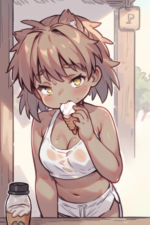 Original Characters, Natural Volumetric Lighting And Best Shadows, Deep Depth Of Field, Sharp Focus, Portrait Of Stunningly Beautiful Petite Girl, Soft Delicate Beautiful Attractive Face With Alluring Yellow Eyes, Sharp Eyeliner, Lovely Medium Small Breasts, Looking At Other, (Open Mouth Eating Ice Cream:1.2), Windswept Disheveled Brown Hair, Thick Layered Medium Twintail Hairstyles, Blush Eyeshadow With Thick Eyelashes, Parted Lips, Sun Tanning Brown Skin, Sweat Wet, (See-Through Tank Top:1.05), Slim Waist With Open Cute Navel, Amazing Cleavage, Straps Short Pants, (Crouch Down, Summer Sweltering:1.1), (Front Of Rustic Small Snack Shop Under Sunlight, Side Vending Machine:1.15), (Highest Quality, Amazing Details:1.4), Masterpiece, Bloom, Picturesque, Vivid Watercolor Paintings