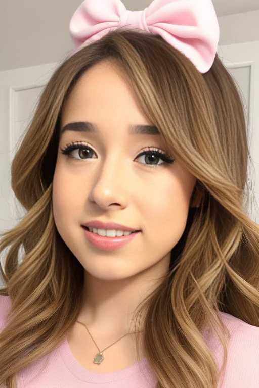 Picture, best quality, pink girl room, portrait photo of cute egirl Koh_Pokimane-2750 wearing egirl outfit, (pink accesories), (catgirl headband), looking at viewer, perfect face, perfect eyes, smiling, sharp focus, ray tracing, 4k, streamer studio