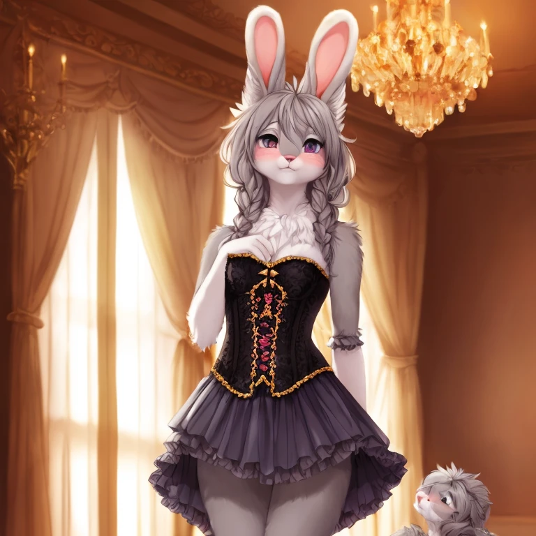 (((hyperrealisitic))), nsfw, Ultra realistic, masterpiece, highest quality, ultra detail,adorable, (detailed and intricate), (fluffy grey fur:1.3), attached rabbit tail, (hair),(perky small breasts), (grey furry body:1.3),detailed face, detailed light purple eyes, detailed eyes, (detailed eyes:1.1), (grey petite anthro bunny:1.2), wide hips, (furry:1.3), aroused, happy, embarrassed, (blush), updo, (intricate detailed fluffy ball gown), detailed corset, (sheer elbow gloves), (long detailed frilly fluffy skirt), smooth,intricate detail, gorgeous female photo, professionally retouched, realistic professionally color graded photograph, natural lighting, realistic, light particles,fine fabric emphasis, bokeh, suggestive pose,by Pino Daeni, by Ruan Jia, by Shiitakemeshi, by Alayna Lemmer, by Carlo Galli Bibiena, (fine fabric emphasis:1.1) ,large open Victorian ballroom, ornate chandeliers