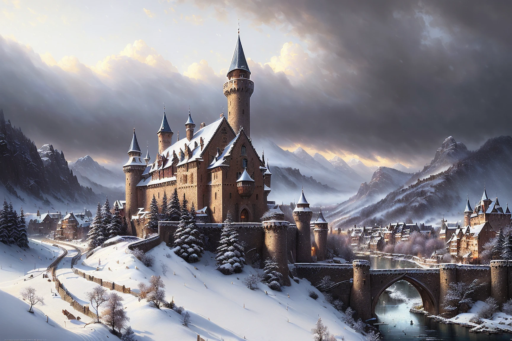(extremely detailed CG unity 8k wallpaper), ((full shot photo of the most beautiful artwork of a medieval castle with surrounding village, in winter in a valley)), ((snow falling)), ((gorgeous cloudy sky)), ((Oil Painting)), ((Painterly)), ((GoT inspired)), nostalgia, (professional majestic oil painting by Ed Blinkey, Atey Ghailan, Studio Ghibli, by Jeremy Mann, Greg Manchess, Antonio Moro, trending on ArtStation, trending on CGSociety, Intricate, High Detail, Sharp focus, dramatic, photorealistic painting art by midjourney and greg rutkowski)