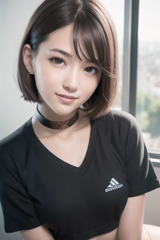 (RAW photo:1.2), (photorealistic:1.4),(masterpiece:1.3),(best quality:1.4),ultra high res,(detailed eyes),(detailed facial features),(detailed clothes features),HDR,8k resolution, solo focus, bangs, skin tight, (shiny skin),(slender girl),dreamlike,
(extreme detailed illustration),check commentary,commentary request,scenery,no text,
<lora:VirtualGirl-Rin_v2:0.2>,VirtualGirl-Rin, small breasts, bob hair, short hair, brown hair, brown eyes,black choker,
student,JK, schoolgirl,
1girl, upper body,
white japanese school sportswear,
red sports shorts,
sneakers,
happy,smile,