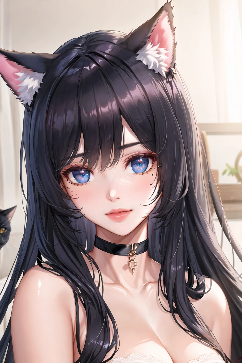 1girl, animal ears, bangs, black choker, black hair, blue eyes, blurry, cat ears, choker, closed mouth, collarbone, eyelashes, lips, long hair, looking at viewer, mole under mouth, portrait, simple background, solo,(masterpiece:1.4),(best quality:1.4),(shiny skin), tsuki no i-min,red lips